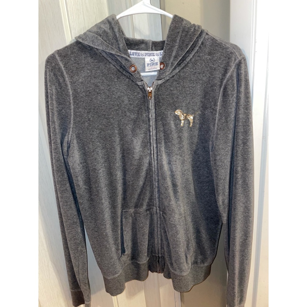 Grey Pink zip up sweat shirt with hood and gold sequins on the back size medium